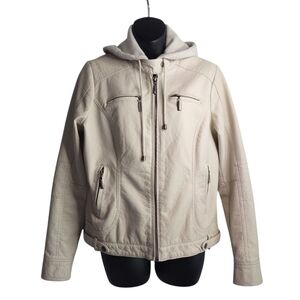 JOU JOU Light Beige Faux Leather Jacket Removable Hood Women's Size L